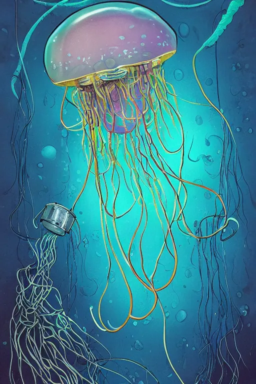 Prompt: a picture of mysterious colourful underwater jellyfish, being discovered by a man in a steampunk diving suit. water is deep aquamarine coloured. poster art by james jean, concept art, behance contest winner, very detailed, award - winning. lovecraftian, cosmic horror, bioluminescence.