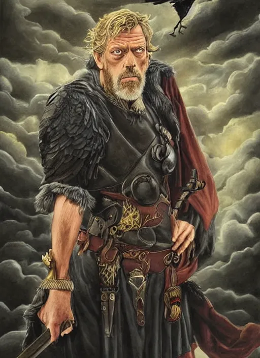 Prompt: hugh laurie as odin, wearing a eye-patch!, missing an eye, eyepatch, a raven on his shoulder, dark background, stormy clouds, hyperrealistic, very detailed painting by Glenn Fabry, by Joao Ruas, by Artgerm