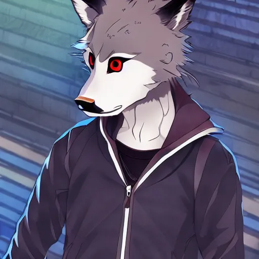 Image similar to key anime visual portrait of an anthropomorphic anthro wolf fursona, in a jacket, with handsome eyes, official modern anime art