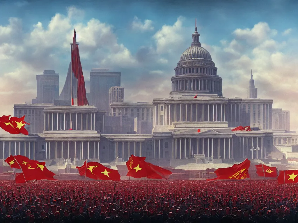 Image similar to matte painting by fan wennan. communist american future capitol shining in the sun after the triumph of socialism in america, hyperdetailed, cinematic, photorealistic, hyperrealism, masterpiece, grounded rectangular communist governmental architecture, statue, imposing, strength, abundance. american communist party. america 2 0 9 8