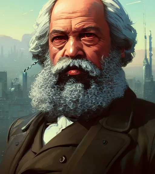 Image similar to highly detailed portrait karl marx in gta v, cyborg, cyberpunk, stephen bliss, unreal engine, fantasy art by greg rutkowski, loish, rhads, ferdinand knab, makoto shinkai and lois van baarle, ilya kuvshinov, rossdraws, tom bagshaw, global illumination, radiant light, detailed and intricate environment