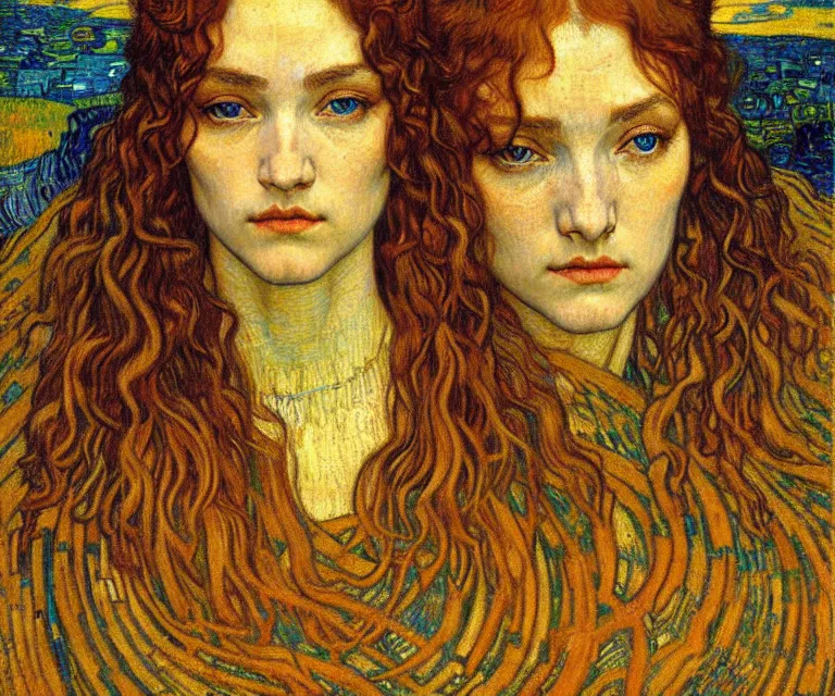 Image similar to detailed realistic beautiful young medieval queen face portrait by jean delville, gustav klimt and vincent van gogh, art nouveau, symbolist, visionary, gothic, pre - raphaelite, muted earthy colors, desaturated