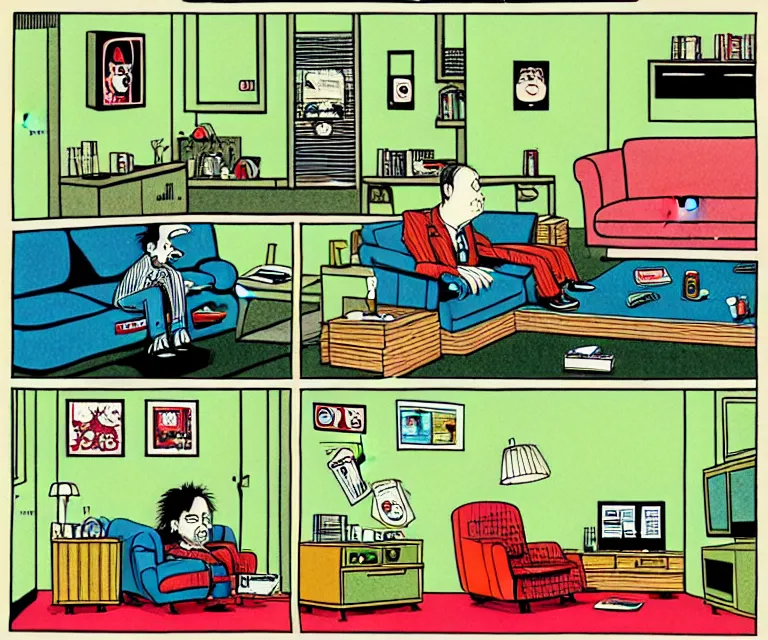Prompt: sad and disturbing, todd solondz is lonely in his apartment watching tv. clear todd solondz face, ratfink style by ed roth, centered award winning watercolor pen illustration, isometric illustration by chihiro iwasaki, the artwork of r. crumb and his cheap suit, cult - classic - comic, edited by range murata