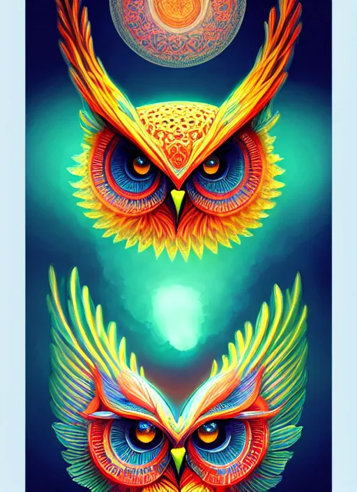 Image similar to symmetry!! product render poster vivid colors divine proportion owl, divine, glowing fog intricate, elegant, highly detailed, digital painting, artstation, concept art, smooth, sharp focus, illustration,