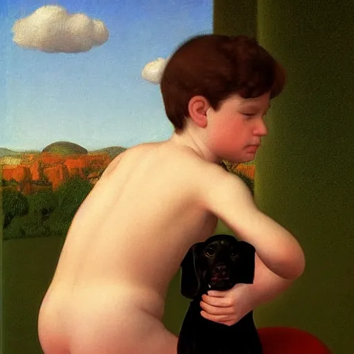 Prompt: a boy and his dog by Raphael, Hopper, and Rene Magritte. detailed, romantic, enchanting, trending on artstation.