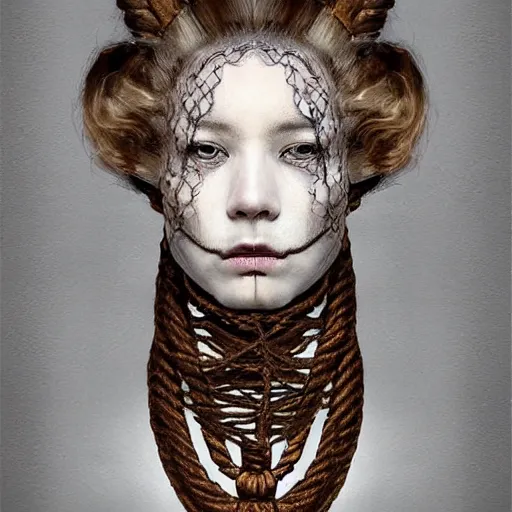 Image similar to portrait of a Shibari rope wrapped face and neck, headshot, insanely nice professional hair style, dramatic hair color, digital painting, of a old 18th century, Royal Emperor, facial tattoos, amber jewels, baroque, ornate clothing, scifi, realistic, hyperdetailed, chiaroscuro, concept art, art by Franz Hals and Jon Foster and Ayami Kojima and Amano and Karol Bak,