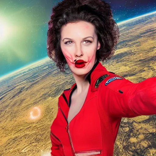 Prompt: realistic photograph of a snake crawling out of a woman's mouth (red lipstick) in a space suit amongst a vast field of start