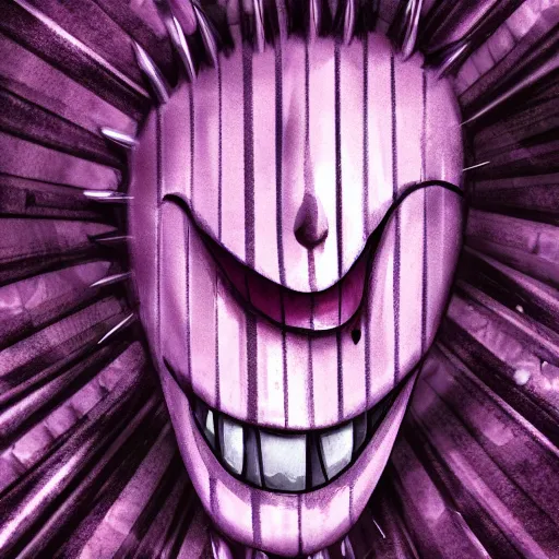 Prompt: Evil clown Big smiling mouth, black round nose, spiky hair, worn striped tank top emerging from a digital tablet. Very textured, hyper detailed, fog ambience cinematic, purple light, dark