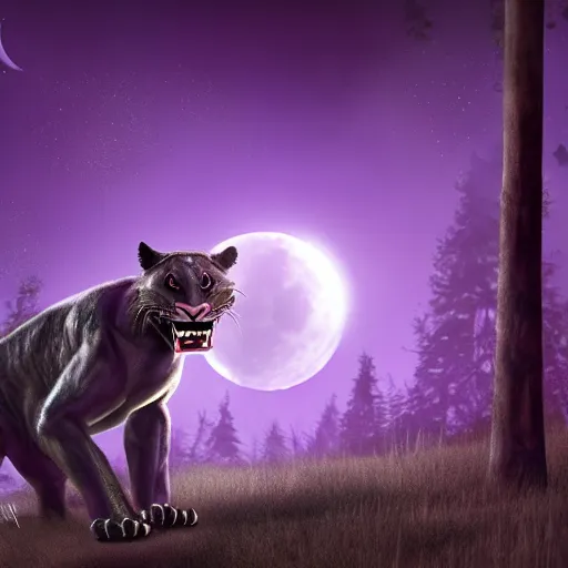 Prompt: closeup of a purple panther roaring at the moon in the forest. night. large moon in the center. cinematic. concept art.