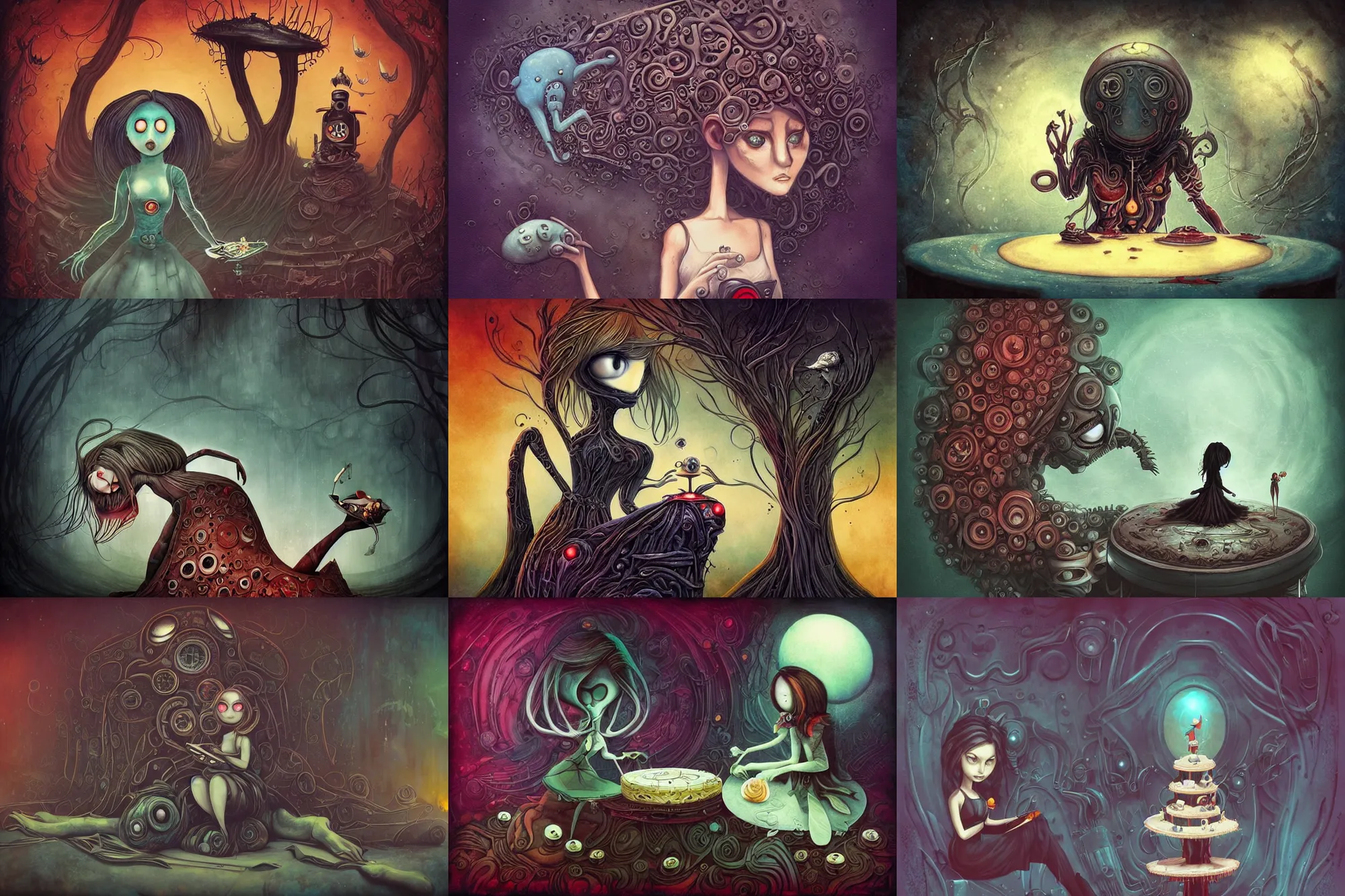 Prompt: Alice eats a cake and grows large, biomechanoid, sci-fi, dramatic, art style Megan Duncanson and Benjamin Lacombe, super details, dark dull colors, ornate background, mysterious, eerie, sinister