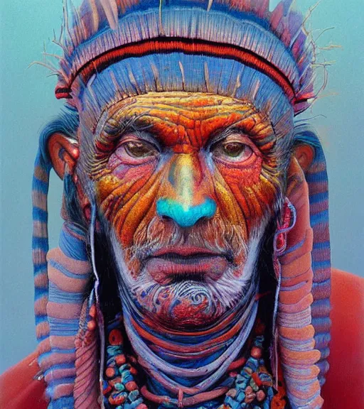 Image similar to Portrait painting in a style of Beksinski mixed with Alex Grey of an old shaman dressed in a colorful traditional clothes.