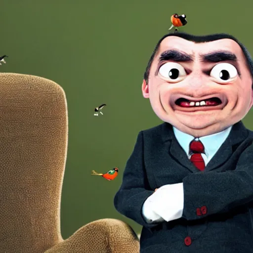 Prompt: angry mr. bean with his mouth wide open flapping his bird wings, thousands of little mr. beans are chasing him, fear panic, restlessness