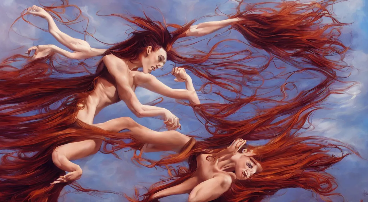 Image similar to a dancer with swirling hair is in the wind by julie bell, trending on artstation