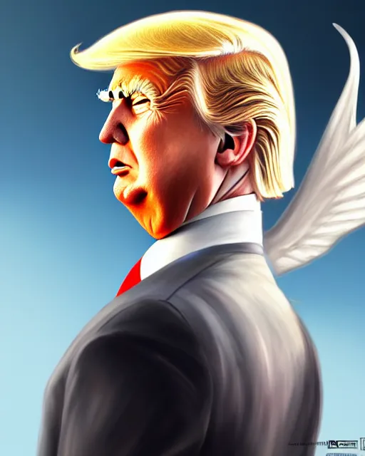 Image similar to donald trump with wings, confident pose, pixie character, video game genshin impact, cell shaded anime intricate, elegant, sharp focus, illustration, highly detailed, concept art, matte, magali villeneuve, artgerm, anime, trending on artstation