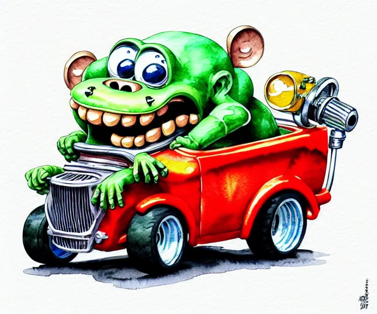 Image similar to cute and funny, monkey driving a tiny hot rod with an oversized engine, ratfink style by ed roth, centered award winning watercolor pen illustration, isometric illustration by chihiro iwasaki, edited by craola, tiny details by artgerm and watercolor girl, symmetrically isometrically centered