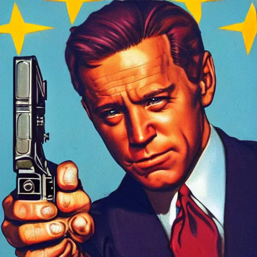 Image similar to propaganda poster of joe biden pointing gun directly at camera in james bond movie, closeup of gun, visible barrel and grip by j. c. leyendecker, bosch, lisa frank, jon mcnaughton, and beksinski