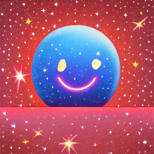 Prompt: a ball with a face on it, rolling on the highway, in space, twinkling stars in the background, digital illustration