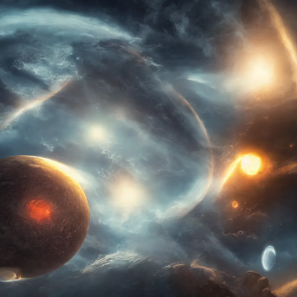 Image similar to An incredibly beautiful but ominous matte painting depicting a space hurrican hitting a planet, nvidia, vray, evening, epic scale, octanerender