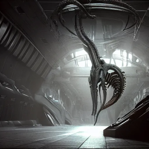 Image similar to centered photorealistic antropomorphic xenomorph inspired by Giger, sinister background, octane render, unreal engine 4k, volumetric light, fog, wide shot, detailed