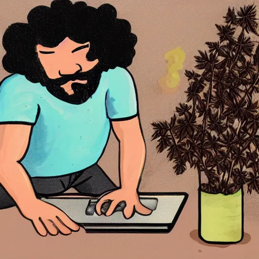 Image similar to a painting of a curly haired bearded man sitting at his computer with a rolling tray and a pile of weed ground up in front of him