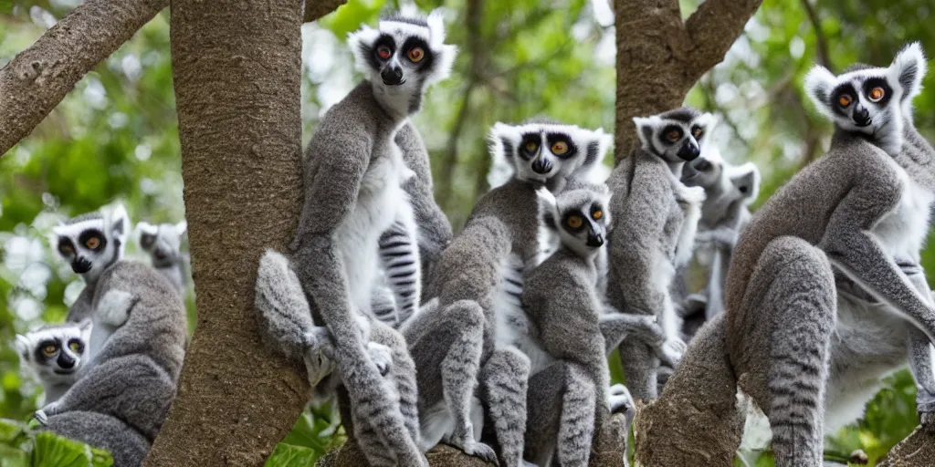 Prompt: A group of ring-tailed lemurs sitting on a tree at noon with a forest in the background, national geographic photo, bokeh