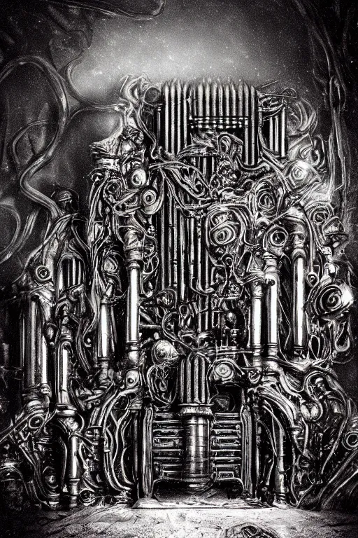 Image similar to ornate stone pipe organ drenched in black goop and machinery, lovecraftian, horror art, 4K, dark art, artstation, dramatic lighting,