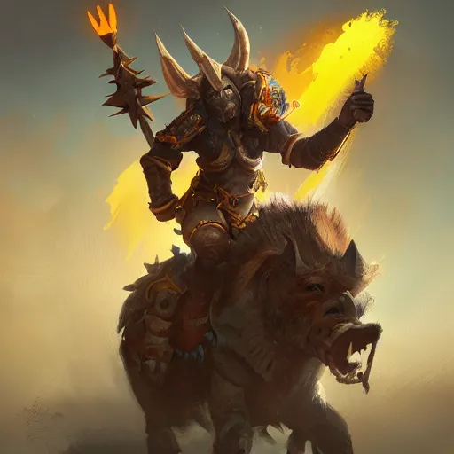 Image similar to a boar rider warrior, yellow theme, bright art masterpiece artstation. 8 k, sharp high quality artwork in style of jose daniel cabrera pena and greg rutkowski, concept art by tooth wu, blizzard warcraft artwork, hearthstone card game artwork, boar rider