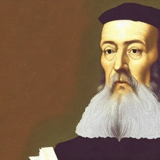 Prompt: theologian john calvin using duct tape on the bible