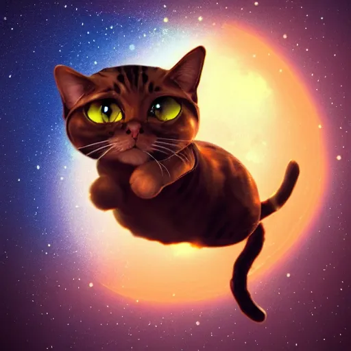 Prompt: A lazy steampunk cat jumping over the galaxy, digital illustration, concept art, 8k, trending on artstation