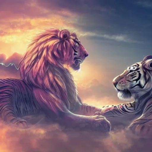 Prompt: the ancient world, hyper complexity, highly detailed, cinematic lighting, pastel colored sunrise, flying robotic tiger with gold metal huge wings on its back in the cloudy sky, sharp outlines, complete whole lion body, another sleeping tiger face in the clouds watching each other, hyperrealistic, trending on pixiv fanbox, love death robot,