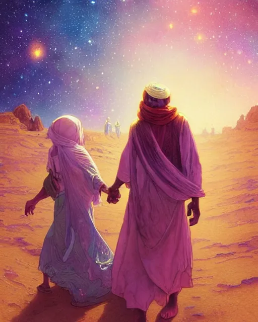 Image similar to bedouin man and woman and child in galaxy walking towards mosque surrounded by nebula, highly detailed, gold filigree, romantic storybook fantasy, soft cinematic lighting, award, disney concept art watercolor illustration by mandy jurgens and alphonse mucha and alena aenami, pastel color palette, featured on artstation