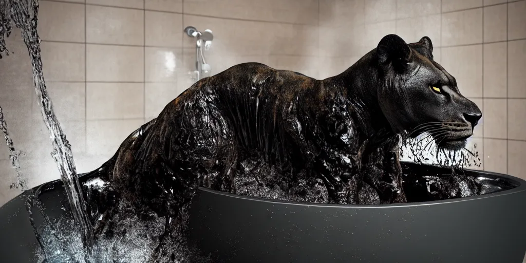 Image similar to a black lioness made of ferrofluid bathing inside the bathtub full of tar, covered with tar. dslr, photography, realism, animal photography, color, modern bathroom, hyper realistic, 8 k resolution, unreal engine 5, raytracing