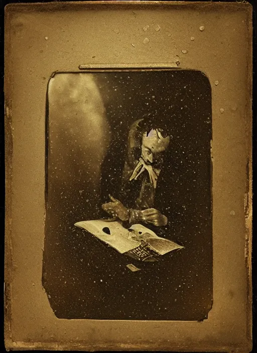 Image similar to old wetplate daguerreotype portrait of the birth of a genius writer, explosion of data fragments, fractal, intricate, elegant, highly detailed, parallax, leica, medium format, subsurface scattering, by jheronimus bosch and greg rutkowski and louis jacques mande daguerre