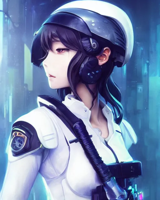 Image similar to nami, anime key visual of a young female swat officer, neon, cyberpunk, futuristic, white clothing, black vest, swat helmet, stunning, highly detailed, digital painting, smooth, soft focus, illustration, 4 k digital art from artstation by artgerm and greg rutkowski and alphonse mucha