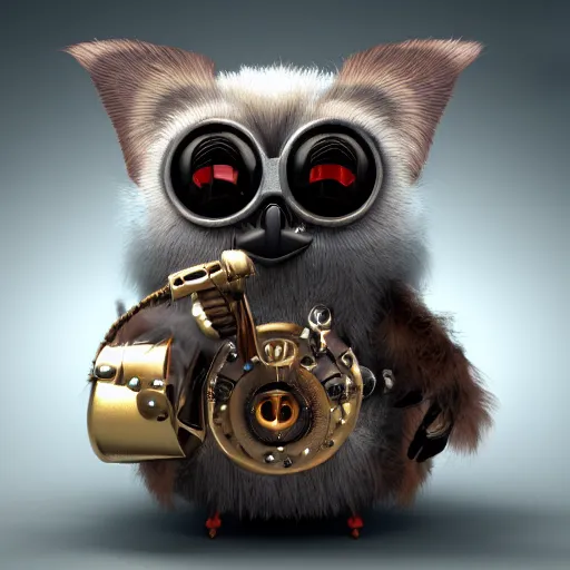 Prompt: A steampunk Furby with realistic fur, 3D render, Studio Lighting, High Detail, 4K, Title-Shift,Hyperrealism