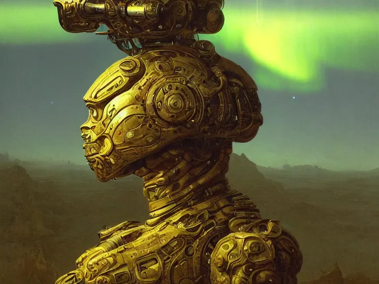 Image similar to a detailed profile oil painting of a humanoid soldier on an alien landscape with reflective visor, flight suit, portrait symmetrical and science fiction theme with aurora lighting by beksinski carl spitzweg and tuomas korpi. baroque elements, full-length view. baroque element. intricate artwork by caravaggio. Trending on artstation. 8k