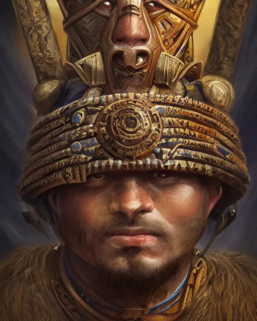 Image similar to digital painting of incan warrior, by filipe pagliuso and justin gerard, symmetric, fantasy, highly detailed, realistic, intricate, portrait, sharp focus, tarot card, face, handsome, peruvian