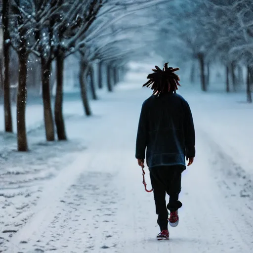 Prompt: a boy with colored dread hair walking in snow, 5 : 3 0 am