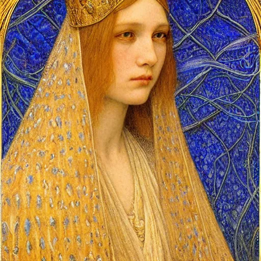 Image similar to detailed realistic beautiful young medieval queen head and shoulders portrait by jean delville, art nouveau, symbolist, visionary, gothic, pre - raphaelite