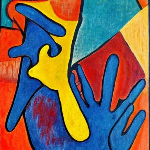 Prompt: she danced across the land and her footprints and handprints were the markings of her tribe, abstract art in the style of cubism and georges braque ,