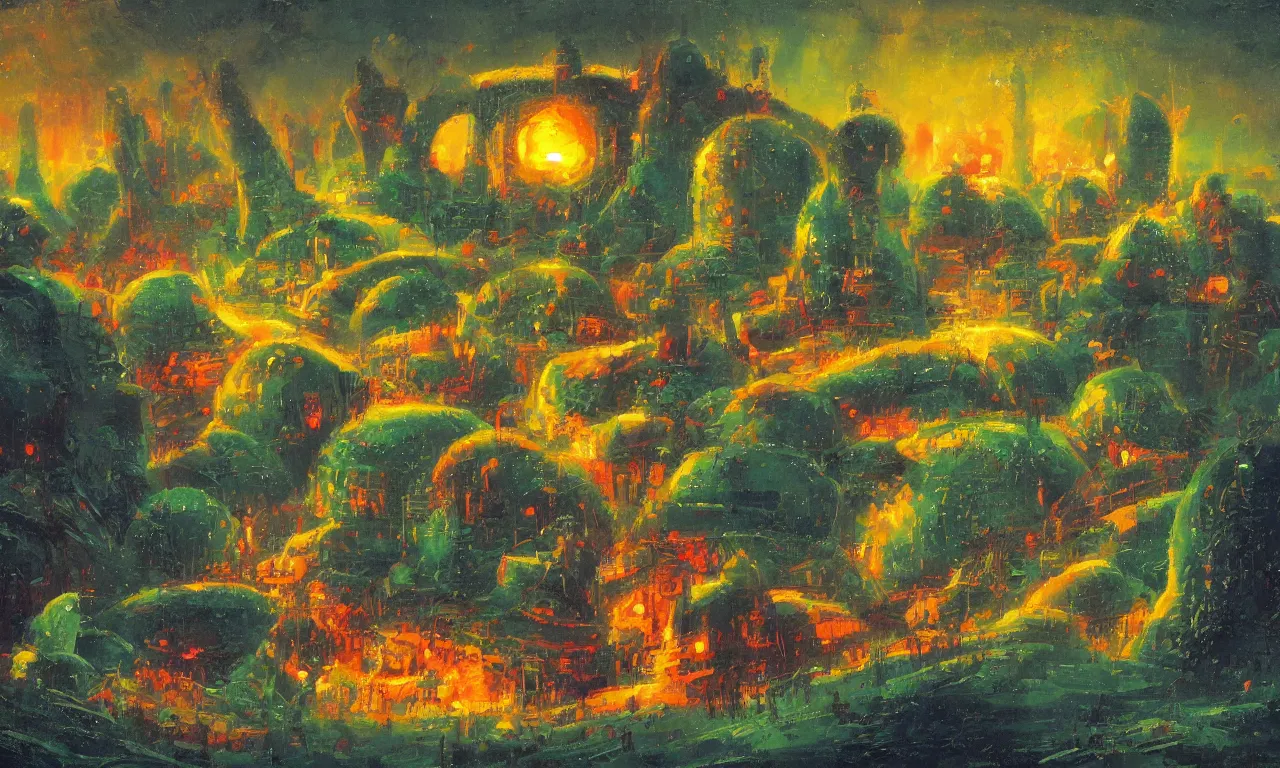 Prompt: The Melon Kingdom in the style of Paul Lehr