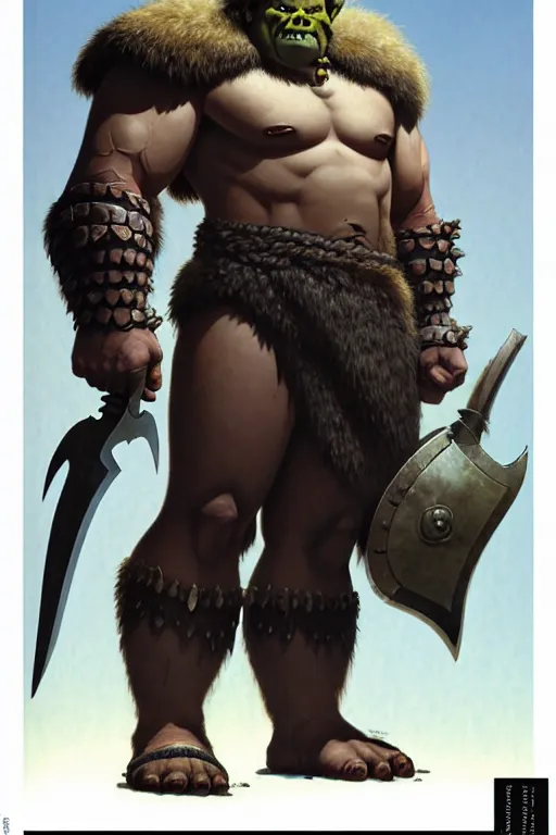 Image similar to orc barbarian wearing leather armor, full body shot, exquisite details, earth magic, mid view, design on a white background, by james gurney, rockwell, studio muti, greg rutkowski, makoto shinkai, takashi takeuchi, studio ghibli