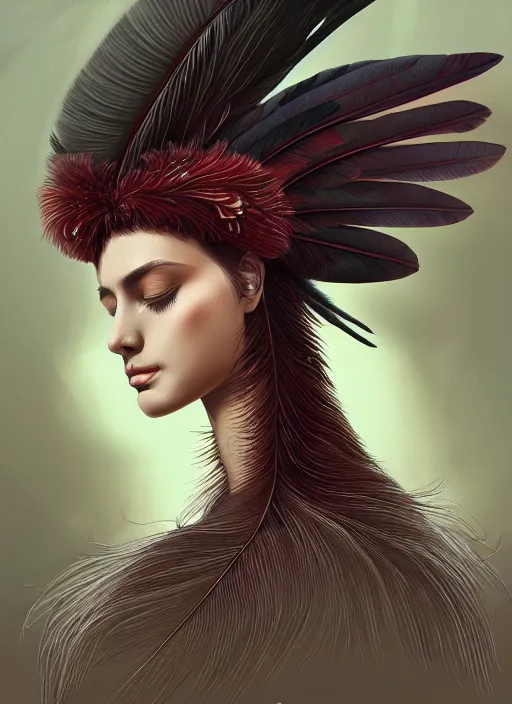 Image similar to portrait of female, quetzal feathers, intricate, elegant, highly detailed, digital painting, artstation, concept art, smooth, sharp focus, illustration