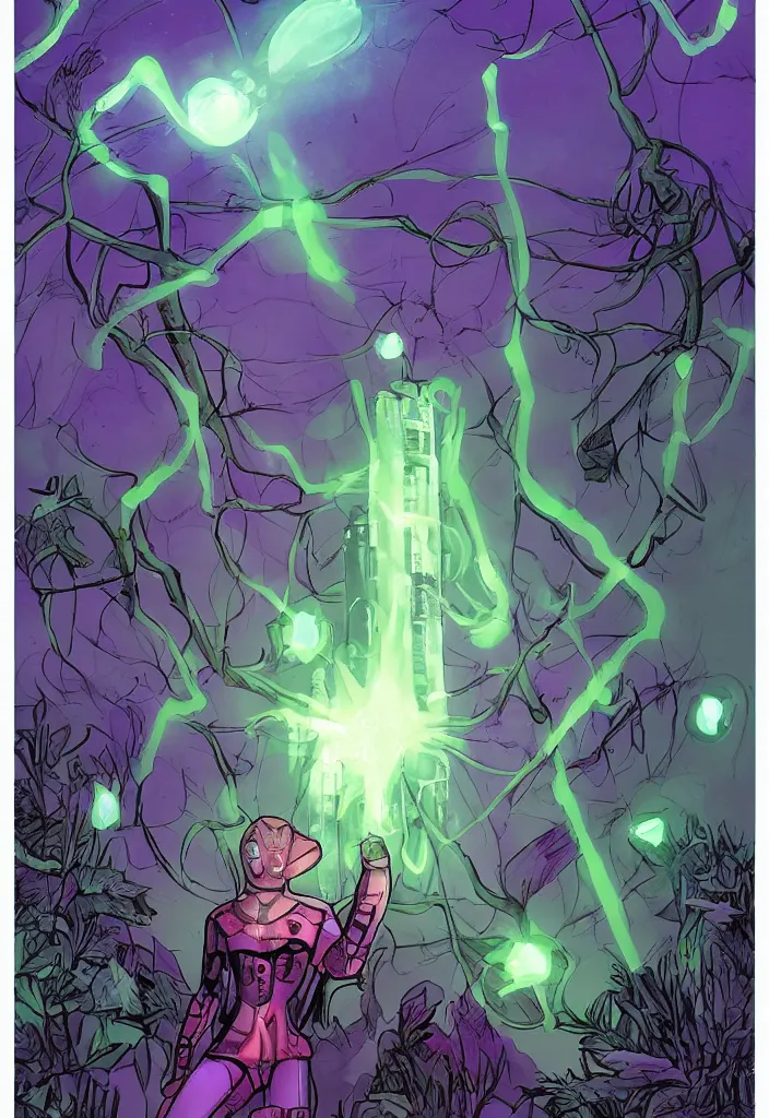 Prompt: A digital painting comic book cover of an android with glowing gloves and boots with back to the camera in a forest, looking up at a tower of crystals and geodes glowing in the fog, skeletons lay on the ground beside him, forced perspective,cinematic, stylized, purple and green