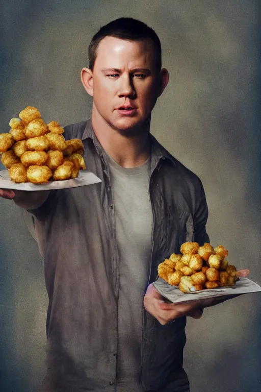 Image similar to a tater tot with channing tatum face, tater tot channing tatum, oil on canvas, intricate, 8 k highly professionally detailed, hdr, cgsociety