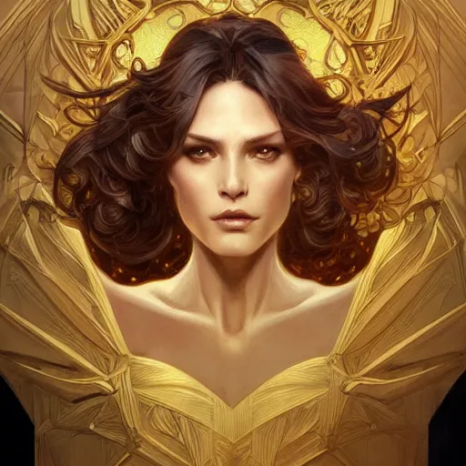 Image similar to Sandman with a gold suit, portrait, intricate, elegant, highly detailed, digital painting, artstation, concept art, smooth, sharp focus, illustration, art by artgerm and greg rutkowski and alphonse mucha