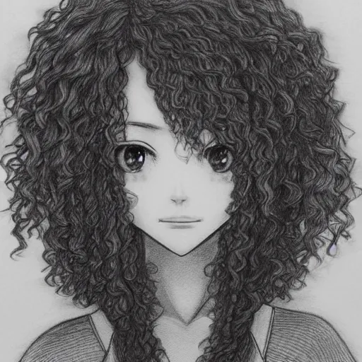 Image similar to pencil sketch of an anime girl with a curly hair, perfect symmetrical face, highly detailed, textured paper, trending on artstation, deviantart