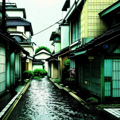 Image similar to anime tokyo residential quiet street scenery only wallpaper aesthetic, rainy scene, beautiful