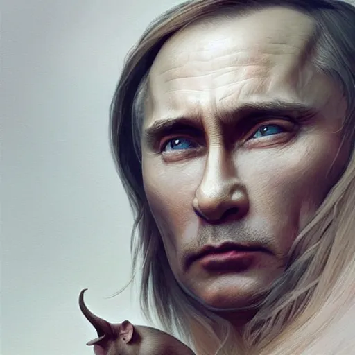 Prompt: Portrain of Vladimir Putin with a pig nose, intricate, highly detailed, digital painting, artstation, concept art, smooth, sharp focus, illustration, art by artgerm and greg rutkowski and alphonse mucha