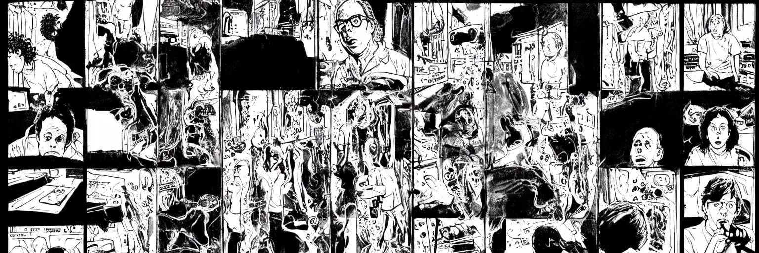 Prompt: character study of todd solondz tripping on mushrooms and becoming god | vivid colors : storyboard, graphic novel, adult comics, dramatic and emotional, concept design, realistic. by gabriel hardman, joe alves, j. todd anderson, chris bonura. cinematic atmosphere, detailed and intricate, perfect anatomy